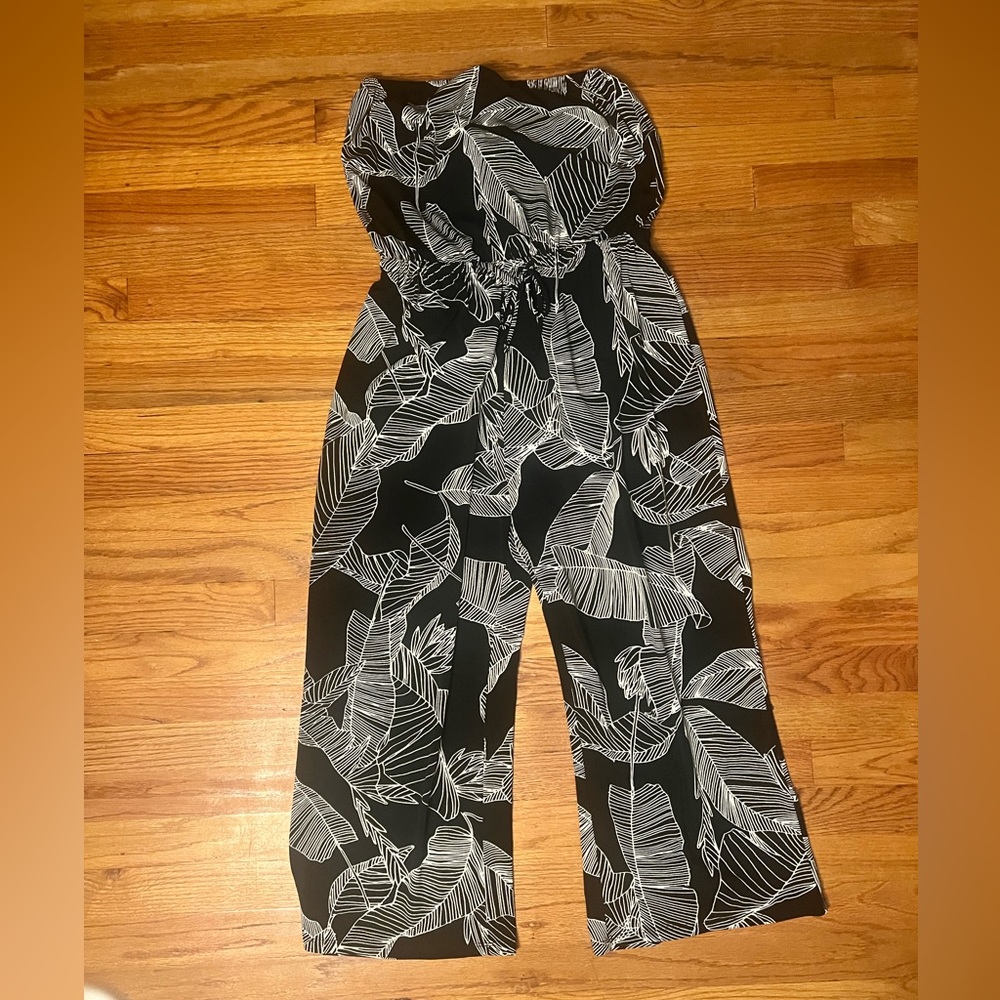 Express strapless black and white palm print jumpsuit